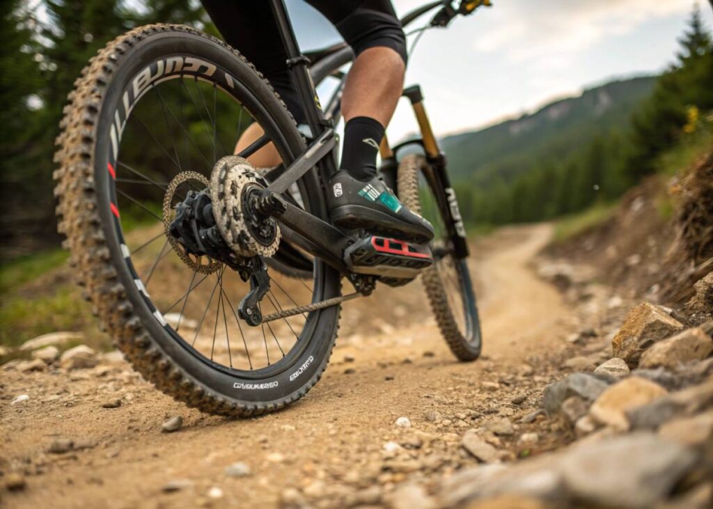 Advantages of Flat Pedals, Mountain biker adjusting foot position on flat pedals during a technical trail ride