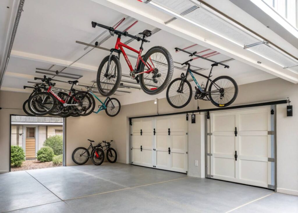 A ceiling-mounted bike rack in a spacious garage with bikes suspended overhead