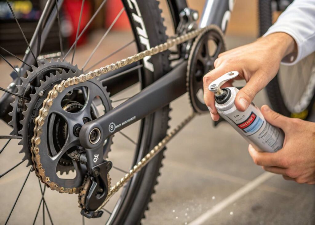 Chain and Gears Care, bike chain being lubricated with high-quality spray