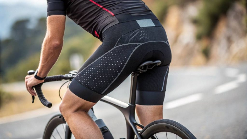 A detailed view of a cyclist wearing padded shorts, showcasing the breathable fabric and ergonomic fit.