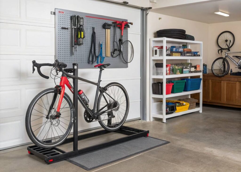 A versatile floor bike stand in a compact home garage