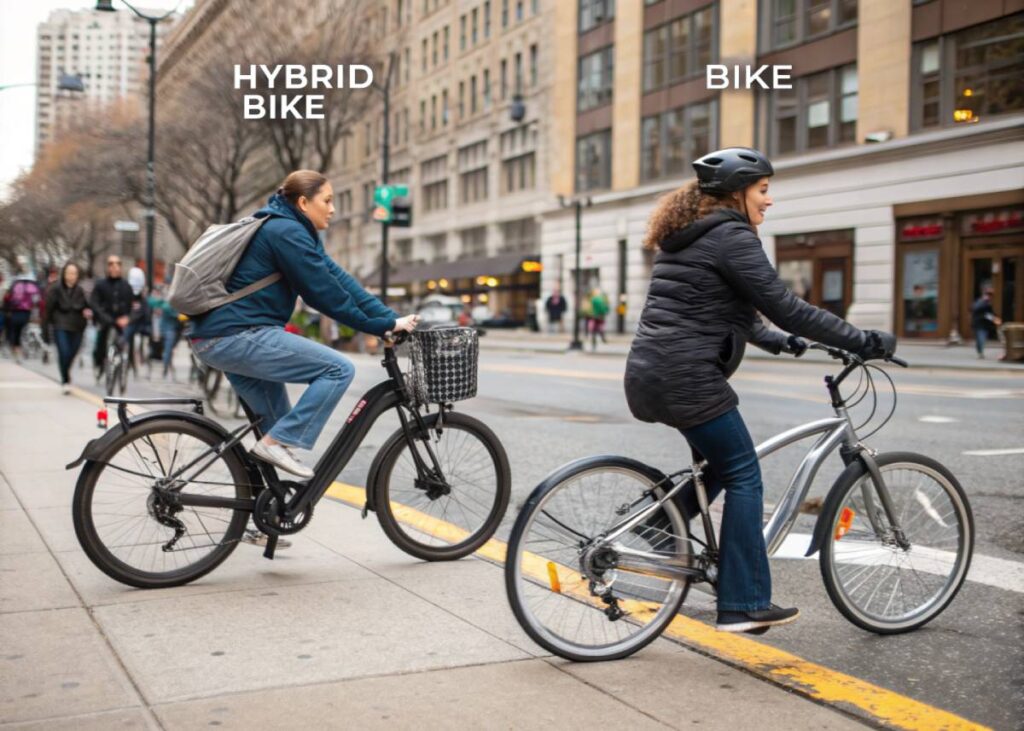 hybrid bikes in different frame sizes, and bike handling on a city street 