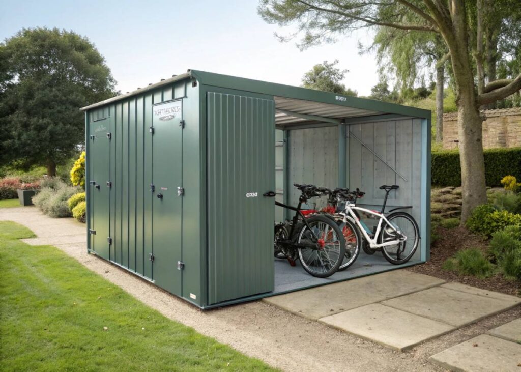 A sturdy metal bike shed in an outdoor setting, securely housing several road bikes