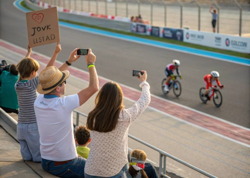 Parental Involvement in Racing, parents cheering on their kids from the sidelines of a race, holding supportive signs