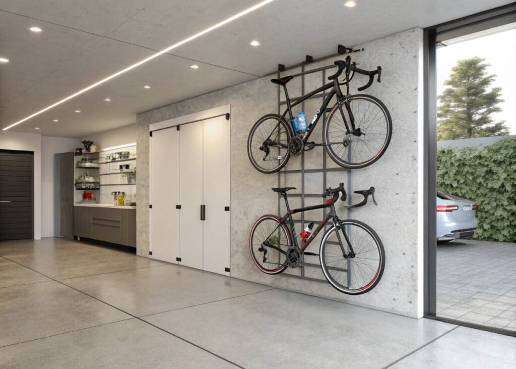 A sleek wall-mounted bike rack in a modern garage