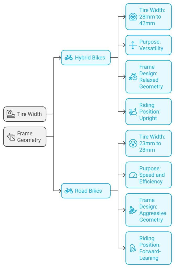 comparison of a hybrid bike and a road bike on a split path