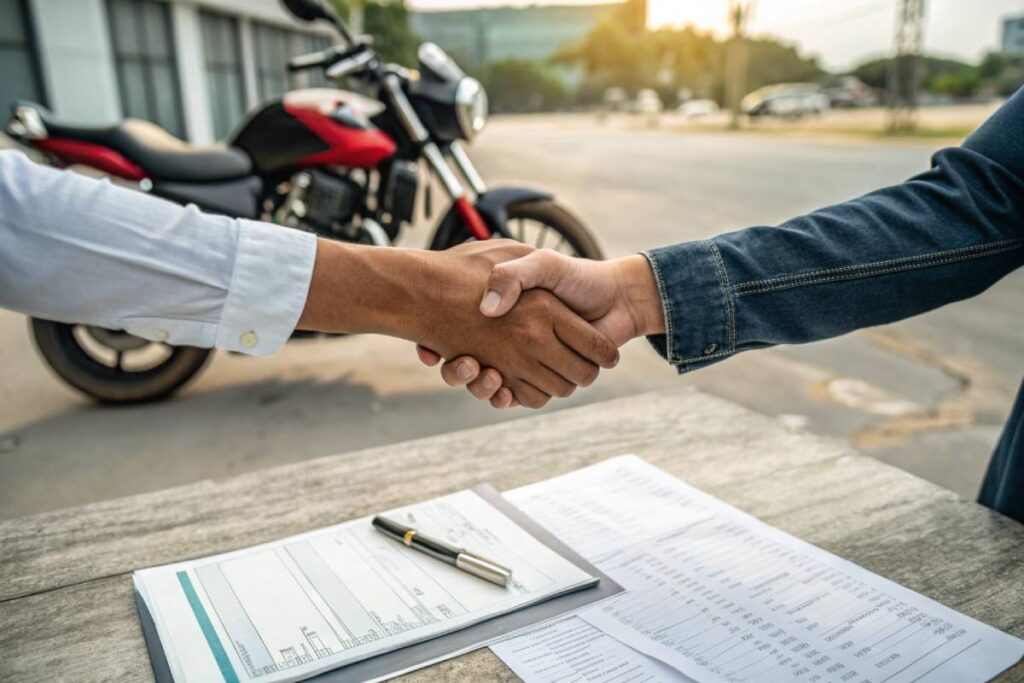 Completing the Transaction motorcycle, final handshake between buyer and seller with a motorcycle
