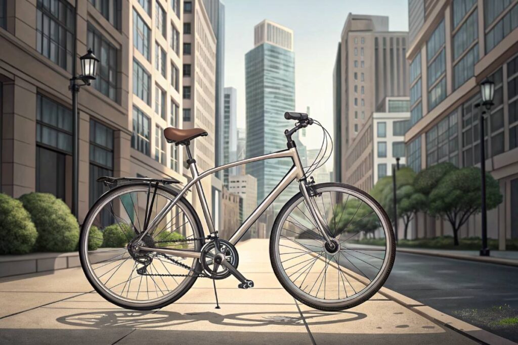 sleek hybrid bike parked on a city sidewalk