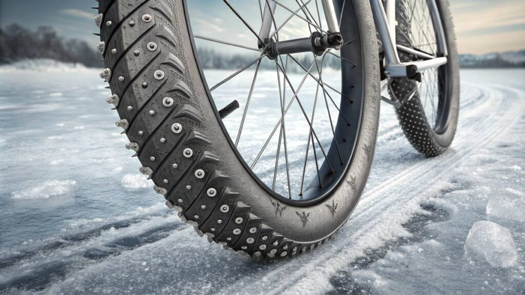 winter bike tires gripping icy pavement