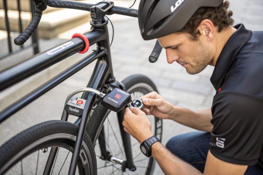 cyclist using a high-security lock and GPS tracker on their e-bike
